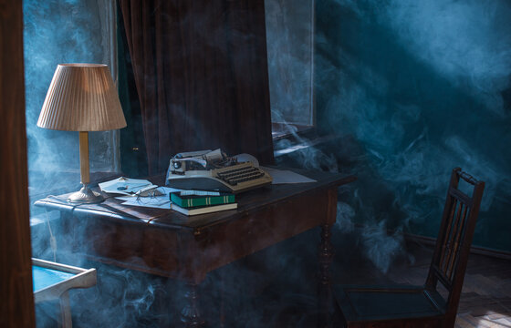 Place for writer. Concept of writing. Dark academia aesthetic, vintage interior in brown and blue shades