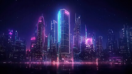 Obraz premium Vibrant Neon Cityscape with Futuristic Skyscrapers and Glowing Lights Reflecting on Water at Night