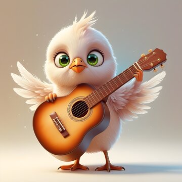Adorable White Cartoon Bird Playing Acoustic Guitar &ndash; Cute 3D Illustration of a Fluffy Baby Owl with Big Green Eyes Holding a Musical Instrument