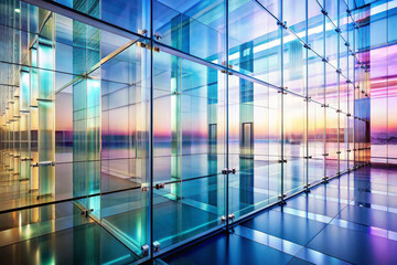 Thin, overlapping glass-like panels with delicate gradient transitions, creating a clean and futuristic floating effect