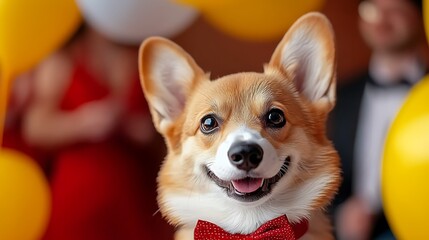 Happy Corgi Dog in Bow Tie at Celebration with Balloons