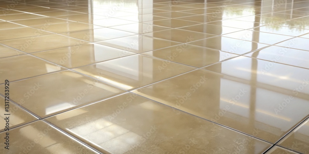 Poster A gleaming tiled floor, reflecting a view beyond with its smooth surface and subtle geometric pattern.