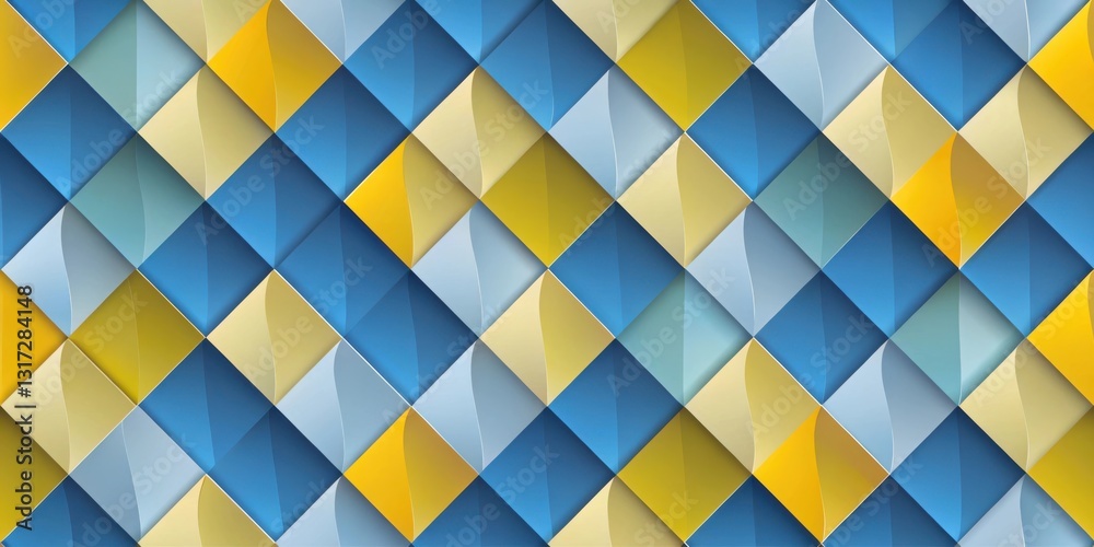 Poster abstract geometric pattern of interlocking blue, yellow, and beige rhombuses with a subtle embossed 