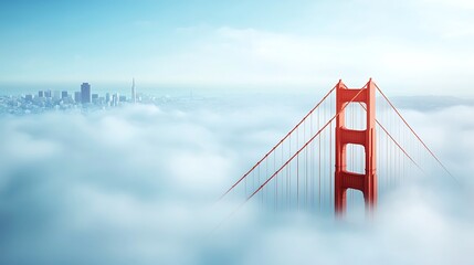Golden Gate Bridge Emerging from Soft Morning Fog with Urban Skyline in Background