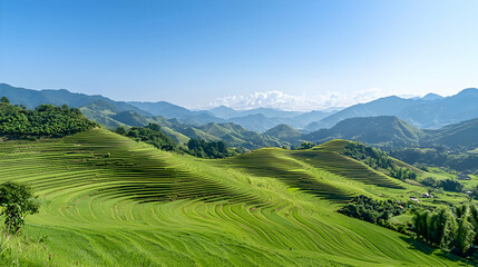 Obraz premium Panoramic View Of Lush Green Terraced Fields Rolling Hills And Distant Mountains Under Clear Blue Sky