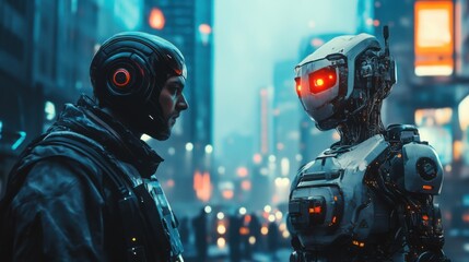 Fototapeta premium Futuristic Encounter Between Human and Robot in Neon Cityscape