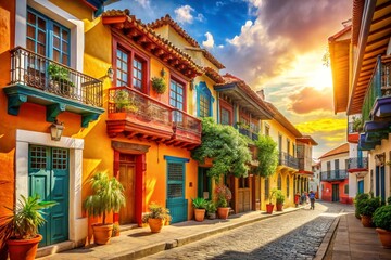 Obraz premium Vibrant Colorful Street Scene in a Sunny Latin American City with Traditional Architecture