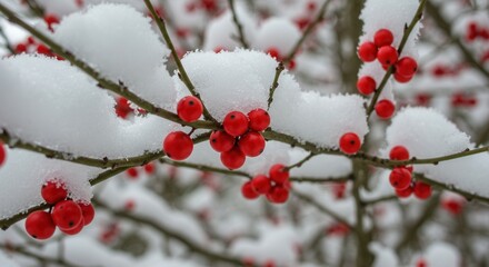 Holly Berries Covered in Fresh Snow on Branches in Winter