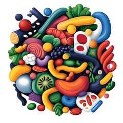 Obraz premium Colorful Abstract Composition of Fresh Fruits and Vegetables in Vibrant Artistic Style