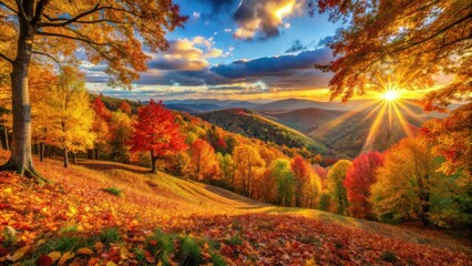 Fototapeta premium A picturesque scene of a sun setting over a landscape of rolling hills, covered in vibrant autumn foliage, with golden rays of light breaking through the clouds.
