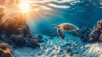Sea turtle swimming underwater in a sunlit ocean scene. The turtle glides gracefully above a sandy seabed with coral reefs, illuminated by a bright, radiant sun.