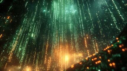 Abstract Digital Rain Background Green and Gold Binary Code Streaming Futuristic Technology