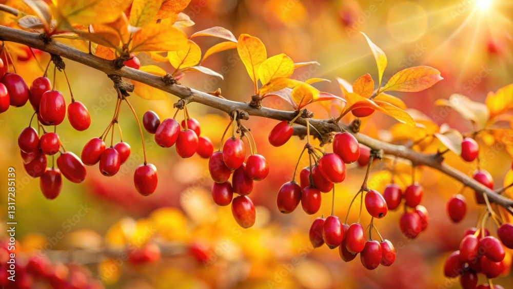 Poster a branch laden with clusters of ripe red berries against a backdrop of golden autumn leaves, bathed 