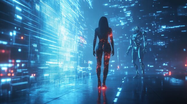 Futuristic Woman and Robot in Neon Digital Landscape Encounter
