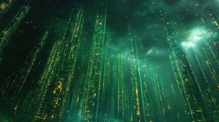 Futuristic Green Digital Cityscape Abstract Rain Data Streams Cyberpunk Style