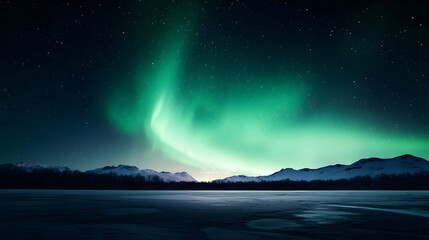 Vibrant Aurora Borealis Over Snow Covered Mountains with Dark Sky Green and Blue Atmospheric Display with Wintery Landscape