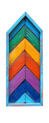 Fototapeta premium Colorful chevron pattern in vibrant hues. A vibrant, handcrafted wooden chevron wall decor with a distressed finish in multiple colors. Perfect for bohemian, rustic, or eclectic interiors.