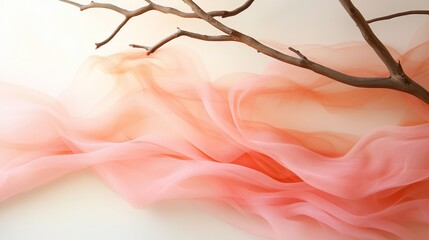 Peach chiffon fabric draped with twig.