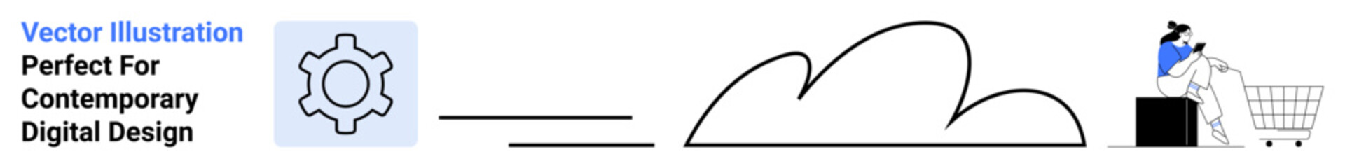 Gear representing technology, a cloud indicating cloud storage, and a shopping cart with a person using a laptop. Ideal for e-commerce, cloud computing, digital marketing, automation, online