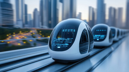 Obraz premium Two autonomous trains traveling on a track in a minimalist realistic setting showcasing modern transportation