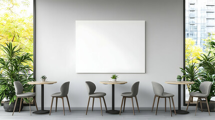 Dining Area Interior with Gray Chairs Around Round Tables in a Bright Room with Large Windows and Green Plants