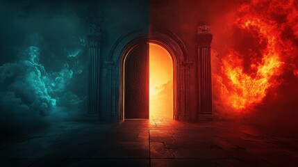 Heaven paradise and fiery hell gates choice. Door to heaven and hell. Good and evil, light and darkness. 