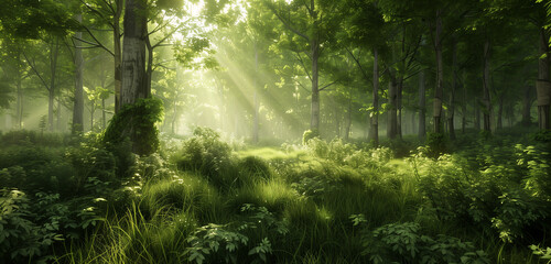 Obraz premium A lush green forest with sunlight gently filtering through the dense foliage of tall trees, creating a serene and natural ambiance.
