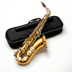 Obraz premium Gleaming Gold Saxophone with Black Case on a Light Background for Music Lovers and Musicians