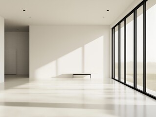 Obraz premium Lucid Workspace: A High-Def Panorama of a Minimalist Meeting Room bathed in Natural Light and Modern Elegance.