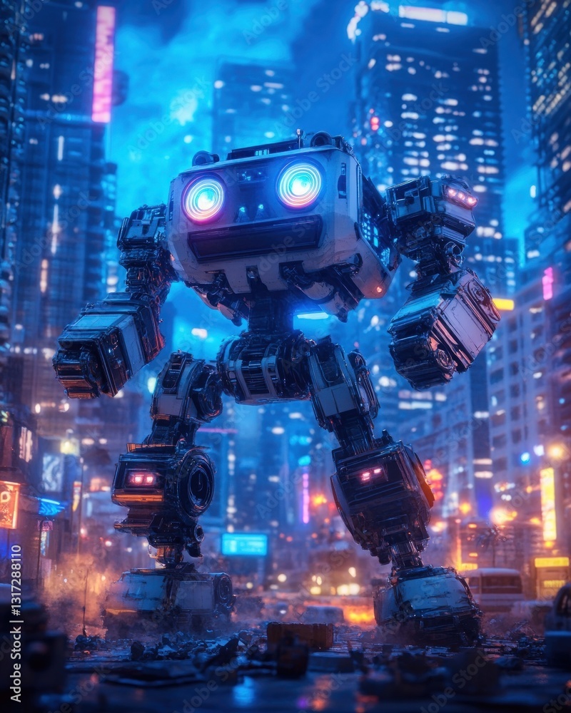 Fototapete Giant robot in urban setting with glowing eyes and pixelated design, illuminated by neon lights, representing technology and futuristic concepts