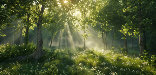 Obraz premium A tranquil forest landscape bathed in sunlight, where rays filter through the leafy green canopy, creating a serene and calming atmosphere.
