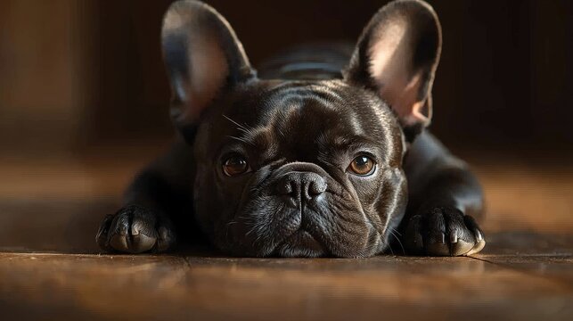 French Bulldog peacefully resting on a vintage wooden floor warm ambient light creating a nostalgic atmosphere endearing and cozy mood