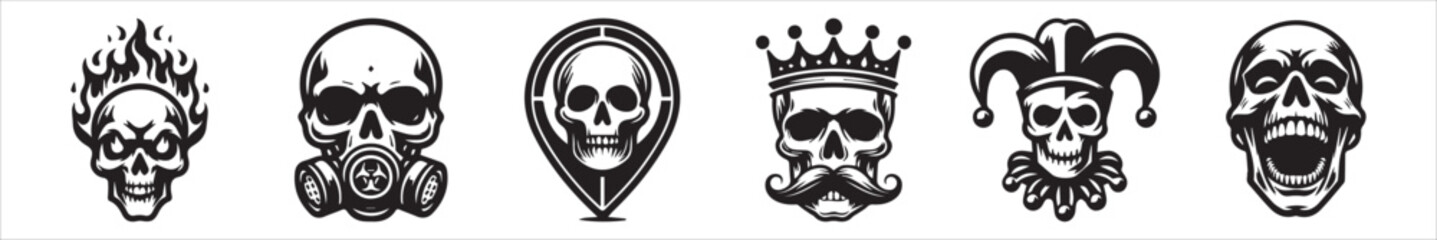 Skull Emblem Vector Set – Unique Skull Illustrations with Crown, Jester Hat, and Gas Mask for Tattoo and Logo Design