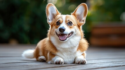 Playful corgi sitting on a wooden floor, head slightly tilted, wide eyes full of wonder, warm natural light, high-quality details, shallow depth of field
