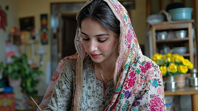 A Woman in Traditional Clothing, Concentrated on her Work