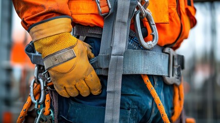 Close-up of a worker adjusting a safety harness, gloves gripping the belt, focus on personal protective equipment, blurred construction site in background