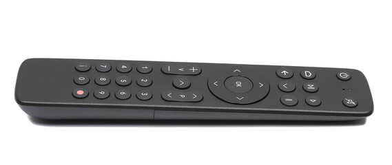 Black remote control for tv isolated on white background, side view, clipping