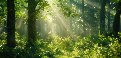 Obraz premium A tranquil forest landscape bathed in sunlight, where rays filter through the leafy green canopy, creating a serene and calming atmosphere.