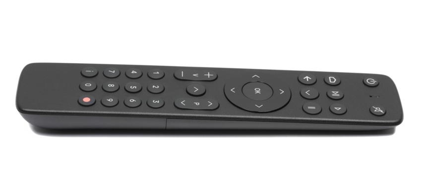 Black remote control for tv isolated on white background, side view, clipping