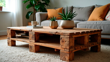 A beautifully upcycled wooden pallet transformed into a rustic coffee table, featuring a smooth polished surface, hidden storage compartments, and decorative plants on top