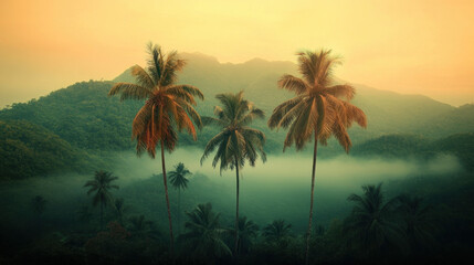 Serene tropical paradise with majestic palm trees under a bright blue sky in a minimalist realistic setting