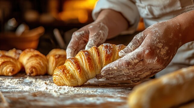 Hands of a passionate baker shaping croissants in a home bakery floured countertop traditional baking tools vintage rolling pin warm golden lighting