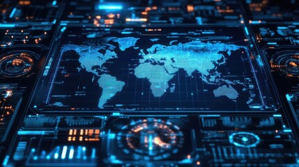 Fototapeta premium Futuristic Digital World Map and Data Visualization Interface