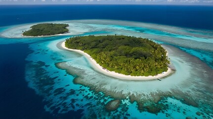 A breathtaking aerial view of a tropical island surrounded by turquoise water 