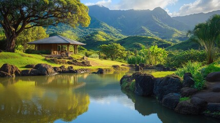 Fototapeta premium Serene Mountain Lake House, Tropical Paradise