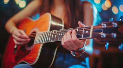 Fototapeta premium Close up of woman's hands playing an acoustic guitar, warm lighting, shallow depth of field.