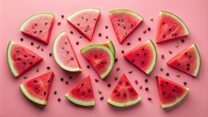 A vibrant arrangement of watermelon slices, arranged in a circular pattern on a soft pink background, highlighting the bright red flesh and dark seeds.