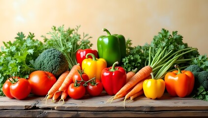 A colorful assortment of fresh organic vegetables, including tomatoes, carrots, bell peppers, and leafy greens, arranged on a rustic wooden table