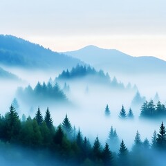 Obraz premium Dreamy Misty Landscape with Soft Hills and Dense Pine Forests in a Tranquil Setting