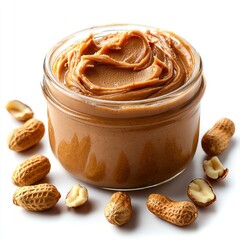 A jar of creamy peanut butter surrounded by whole peanuts, showcasing a popular spread.